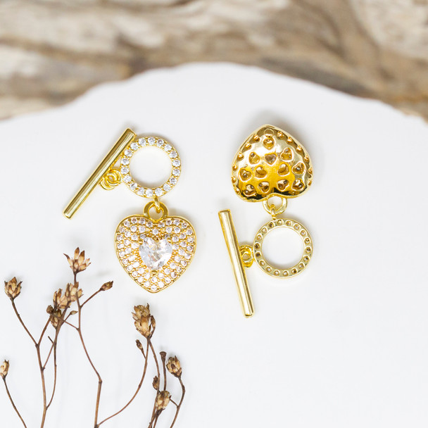Gold Plated Micro Pave Toggle with Heart Charm