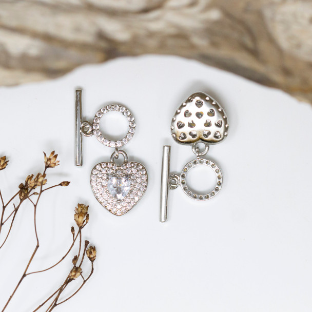 Silver Plated Micro Pave Toggle with Heart Charm