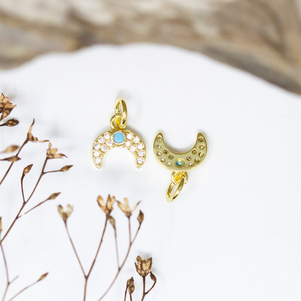 Gold Plated Micro Pave 6x8mm Crescent Blue Charm