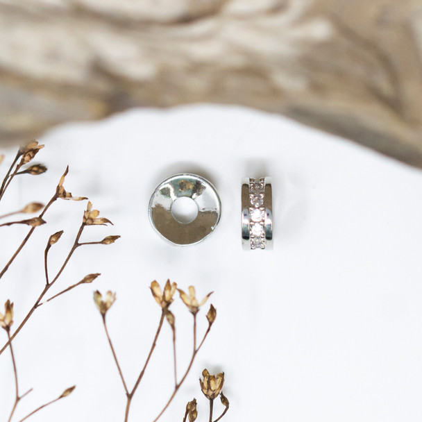 Silver Plated Micro Pave 3x8mm Rondelle Spacer Bead