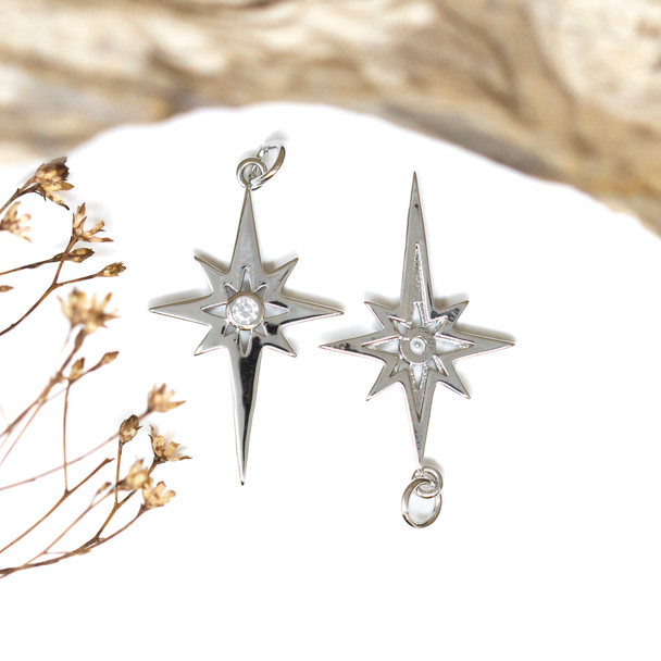 Silver Plated Micro Pave 30x19mm North Star Charm