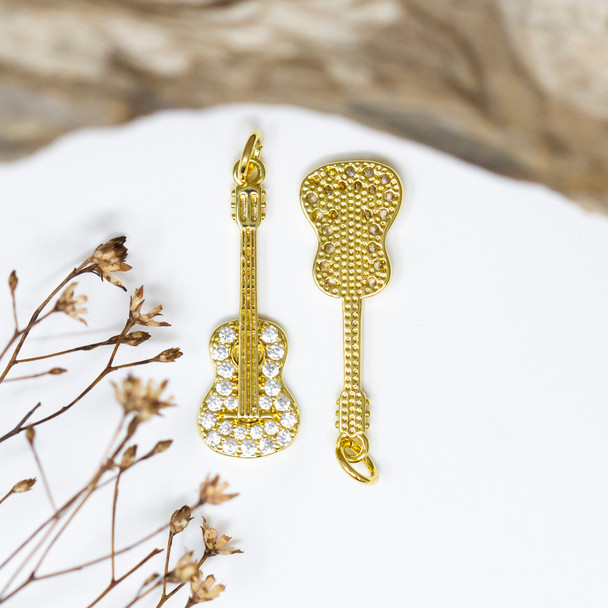 Gold Plated Micro Pave 27x10mm Guitar Charm