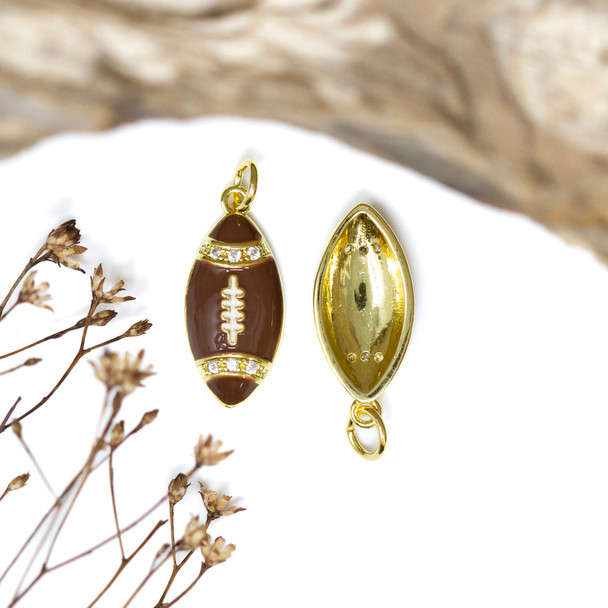 Gold Plated Enamel Micro Pave 20x9mm Brown Football Charm
