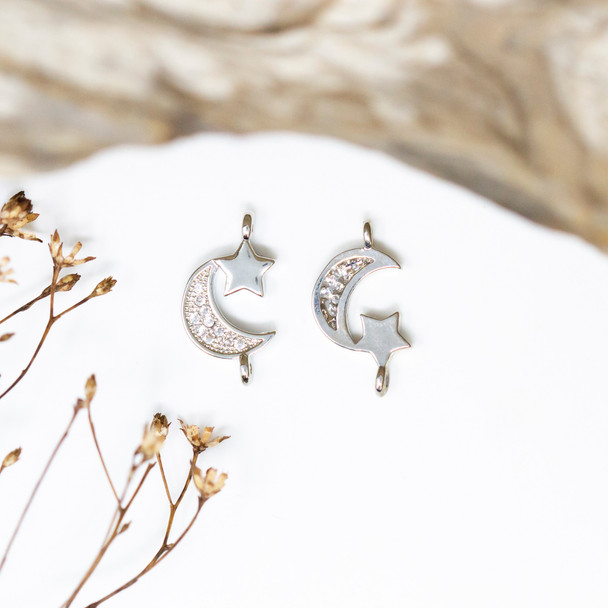 Silver Plated Micro Pave 16x9mm Moon and Star Link
