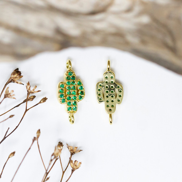 Gold Plated Micro Pave 18x8mm Green Cactus Link
