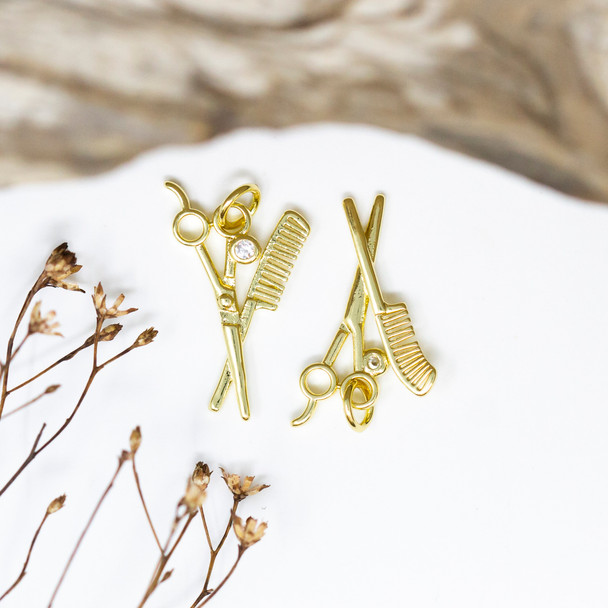 Gold Plated Micro Pave 22x14mm Scissors and Comb Charm