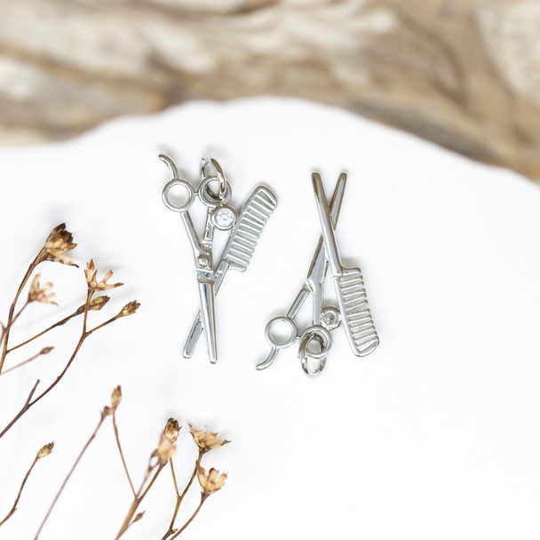 Silver Plated Micro Pave22x14mm Scissors and Comb Charm