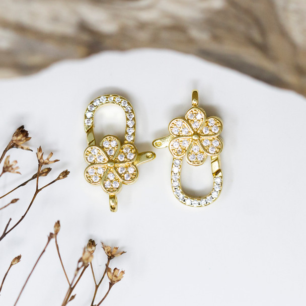 Gold Plated Micro Pave 20x13mm Flower Clasp