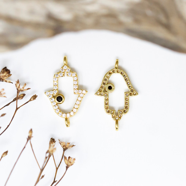 Gold Plated Micro Pave 19x17.5mm Hamsa Eye Link