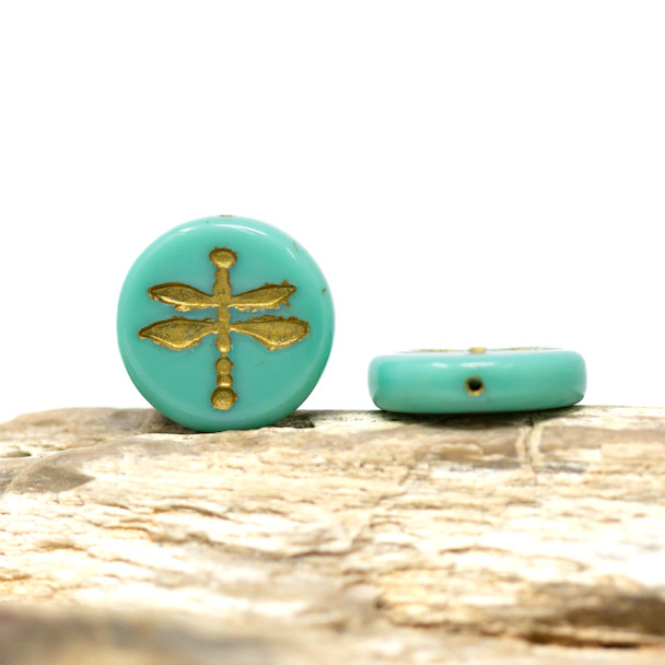 Czech Glass 18mm Dragonfly Coin - Opaque Turquoise