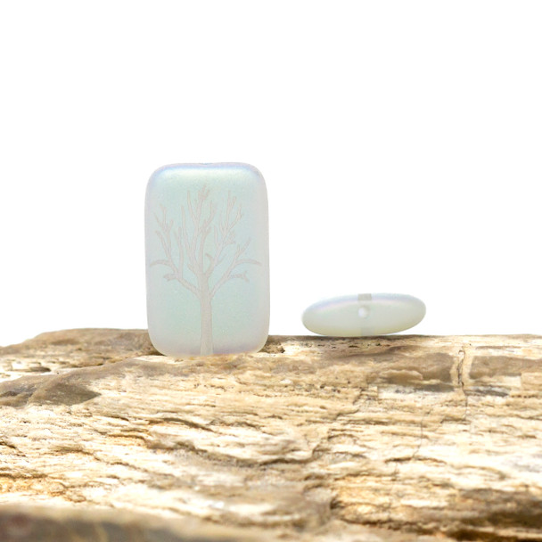 Czech Glass 19x12mm Rectangle Tree Laser Etched - Crystal Matte with AB
