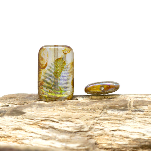 Czech Glass 19x12mm Rectangle Fern Laser Etched - Amber Picasso with AB