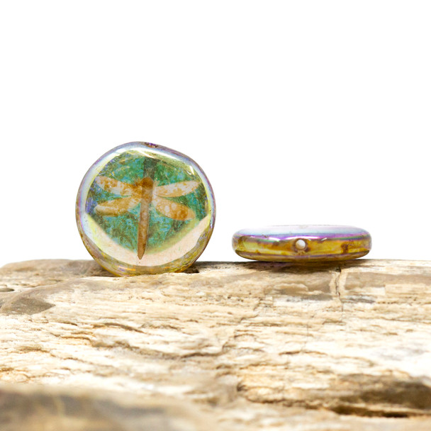 Czech Glass 17mm Dragonfly Laser Etched Coin - Amber Picasso with AB