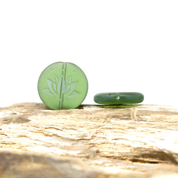 Czech Glass 17mm Lotus Flower Laser Etched Coin - Tourmaline Green with AB