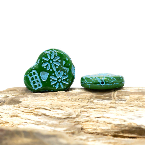 Czech Glass 20x17mm Sugar Skull Coin - Green Silk Blue Wash