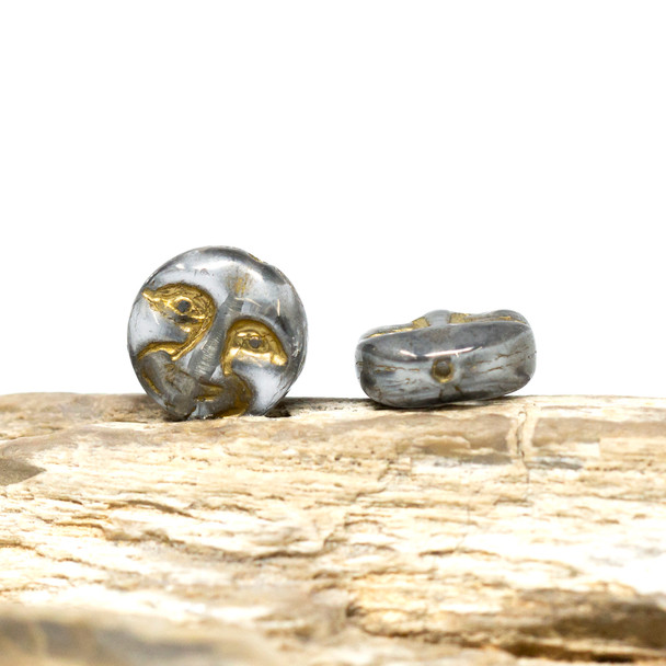Czech Glass 13mm Moon Face - Hematite Luster Gold Wash
