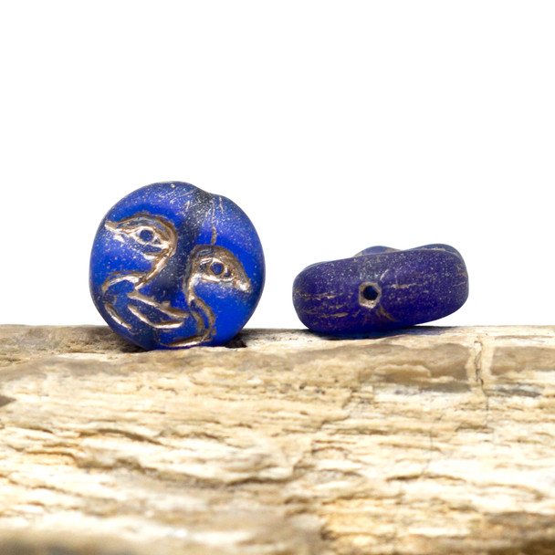 Czech Glass 13mm Moon Face - Cobalt Blue Transparent Matte Platinum Wash