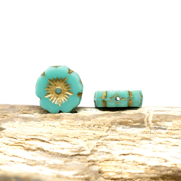 Czech Glass 12mm Hibiscus Flower Bead - Turquoise Opaque with Gold Wash