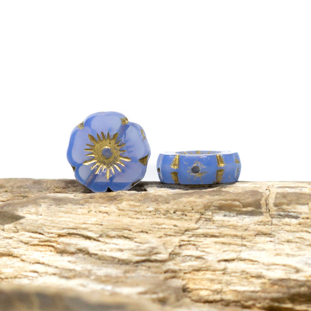 Czech Glass 12mm Hibiscus Flower Bead - Sapphire Blue Opal Gold Wash
