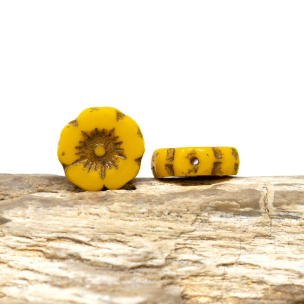 Czech Glass 12mm Hibiscus Flower Bead - Yellow Opaque Dark Bronze Wash