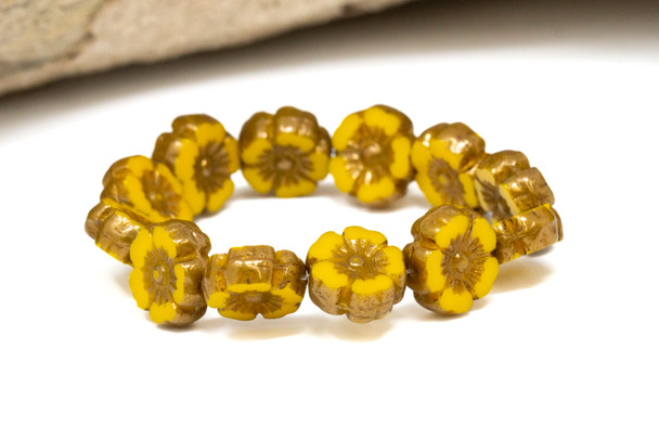 Czech Glass 10mm Hibiscus - Marigold Yellow Opaque Bronze Finish