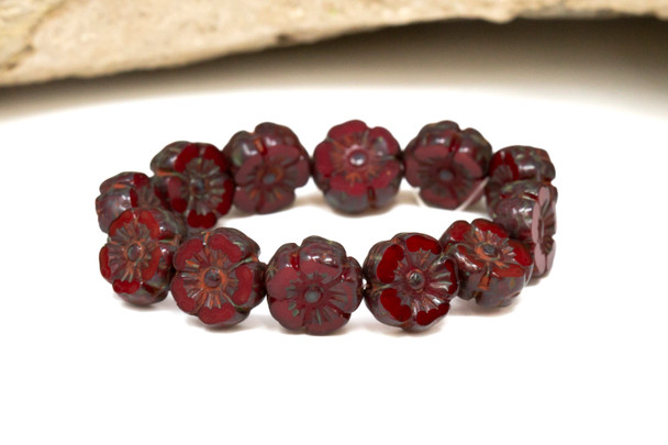 Czech Glass 10mm Hibiscus - Dark Red Opaque Picasso Finish
