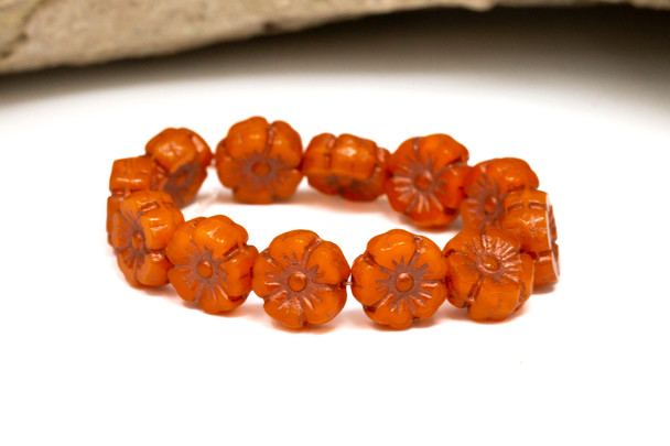 Czech Glass 10mm Hibiscus - Orange Opaline with Copper