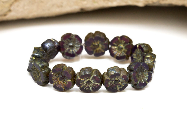 Czech Glass 10mm Hibiscus - Dark Purple Opaline Metallic Picasso Finish