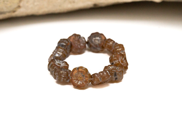 Czech Glass 7mm Hibiscus - Carnelian Brown Opaline Antique Silver Finish