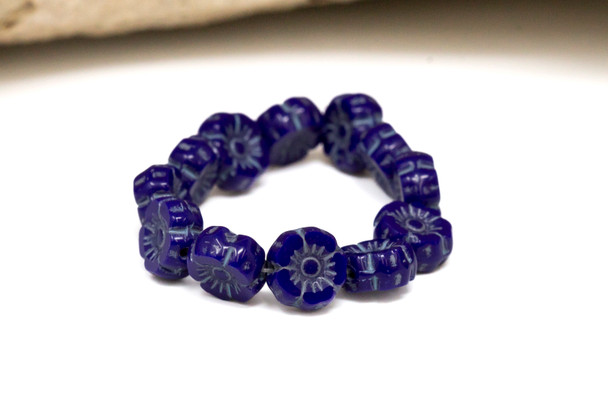 Czech Glass 7mm Hibiscus - Opaque Lapis Blue Light Blue Wash
