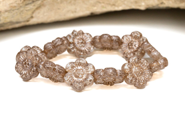 Czech Glass 14mm Wild Rose - Antique Crystal Transparent Matte Platinum Wash