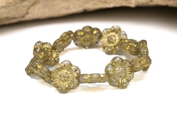 Czech Glass 14mm Wild Rose - Crystal Transparent with Gold Wash