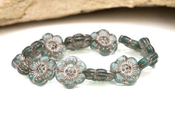 Czech Glass 14mm Wild Rose - Aqua Blue Transparent Matte Platinum Wash
