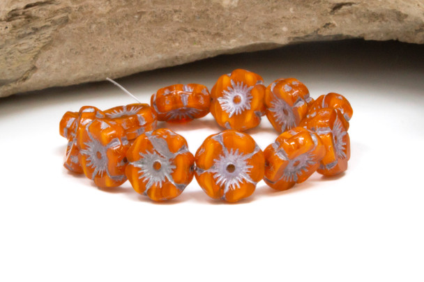 Czech Glass 12mm Hibiscus - Orange Opaline Silver Wash