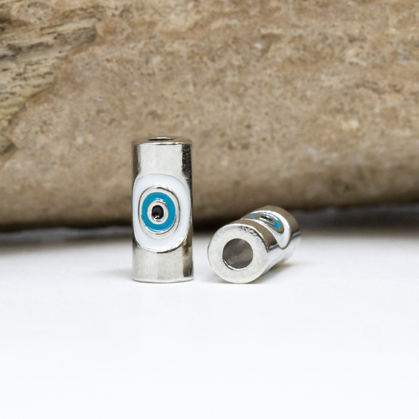 Platinum Plated 11x4.5mm Evil Eye Tube Bead
