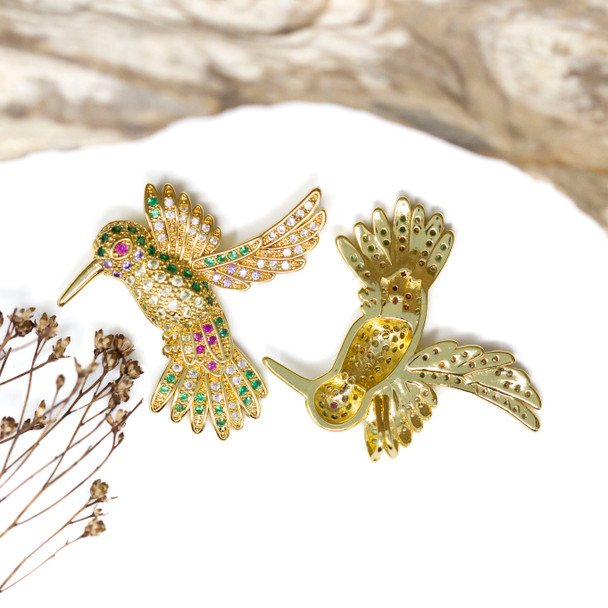 Gold Plated Micro Pave 33x37mm Multi Color Hummingbird Charm