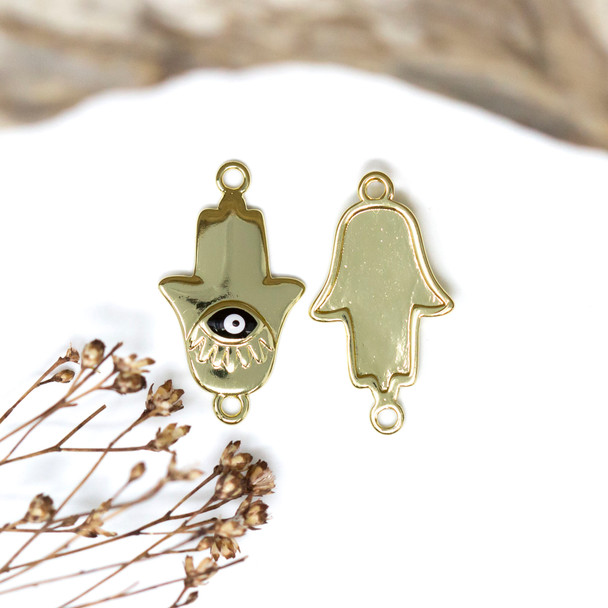 18K Gold Plated 22x12.5mm Black Enamel Hamsa Eye Link