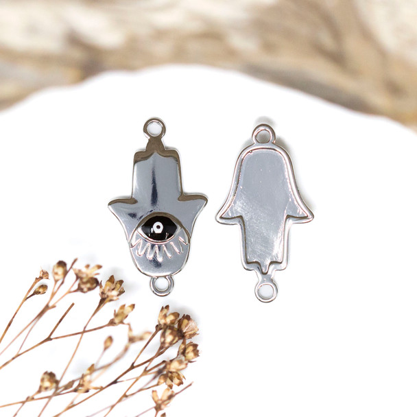 Platinum Plated 22x12.5mm Black Enamel Hamsa Eye Link