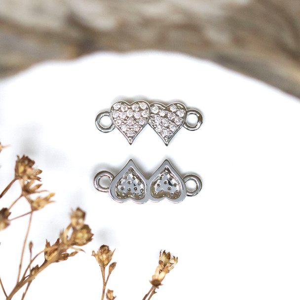 Silver Plated Micro Pave 11x7mm Two Hearts Link