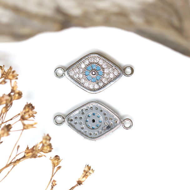 Silver Plated Micro Pave 21.5x11mm Light Blue Evil Eye Link