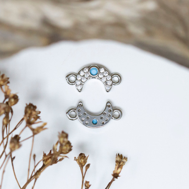 Silver Plated Micro Pave 6.5x13mm Crescent Blue Link