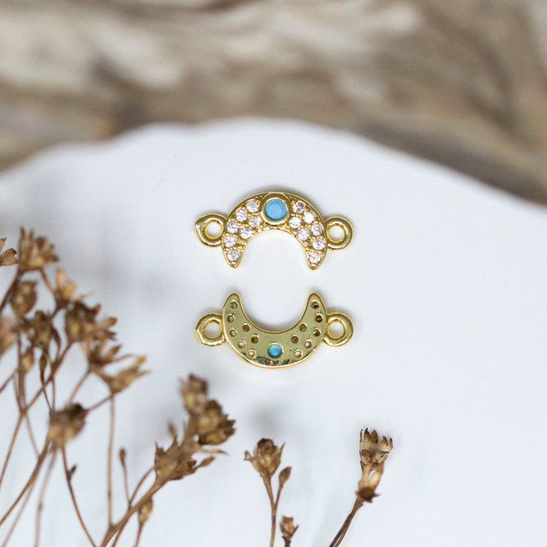 Gold Plated Micro Pave 6.5x13mm Crescent Blue Link