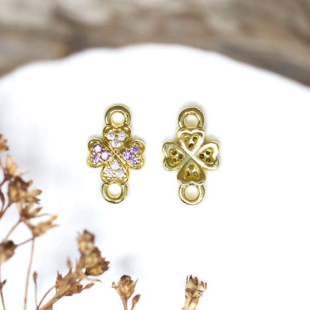 Gold Plated Micro Pave 8x13mm Purple 4 Leaf Clover Link