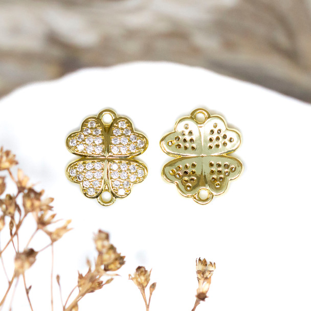 Gold Plated Micro Pave 13x11.5mm 4 Leaf Clover Link