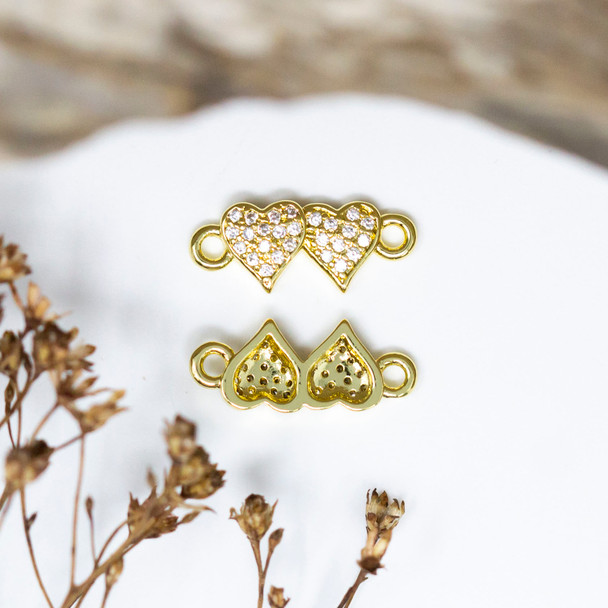 Gold Plated Micro Pave 11x7mm Two Hearts Link