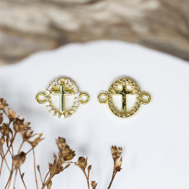 Gold Plated Micro Pave 13x10mm Cross in Ring Link