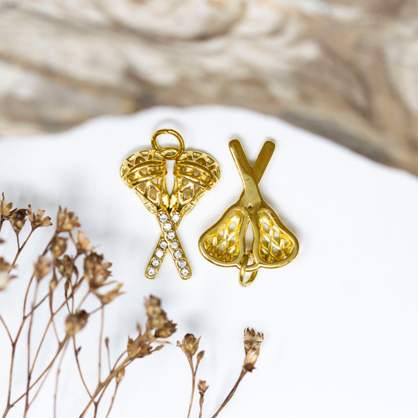 Gold Plated Micro Pave 14x19mm Lacrosse Sticks Charm