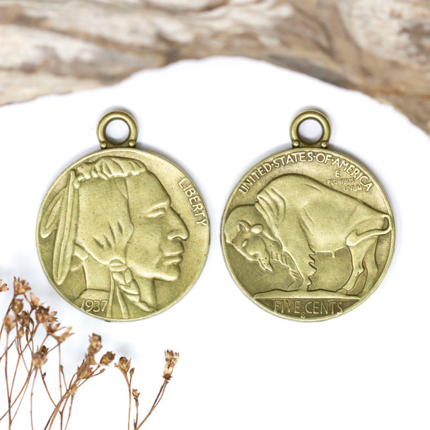 Antique Bronze Plated Alloy 33mm Buffalo Coin Pendant