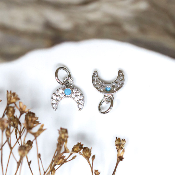 Silver Plated Micro Pave 6x8mm Crescent Blue Stone Charm