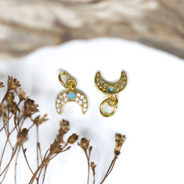 Gold Plated Micro Pave 6x8mm Crescent Blue Stone Charm